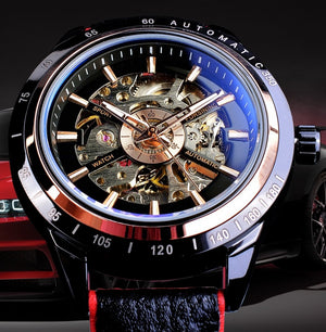 Motorcycle Design Genuine Black Belt Waterproof Skeleton Men Automatic Watch Top Brand Luxurious Mechanical Men's Watch