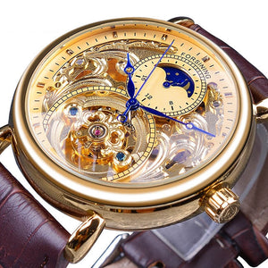 Royal Golden Skeleton Display Blue Hands Brown Genuine Leather Belt Mens Mechanical Wristwatches