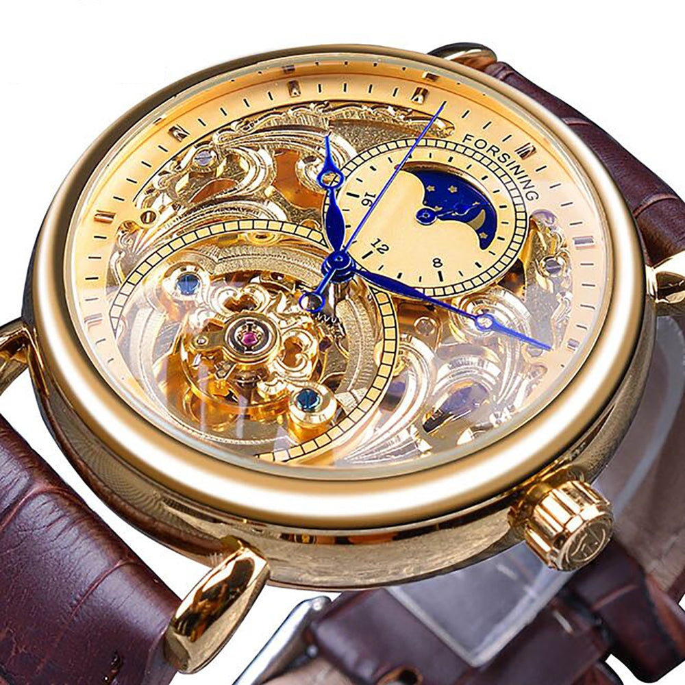 Royal Golden Skeleton Display Blue Hands Brown Genuine Leather Belt Mens Mechanical Wristwatches