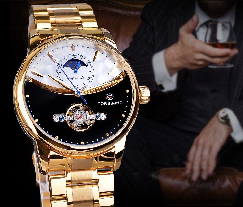 Men's watch automatic golden sun moon phase steel strap tourbillon black white dial business mechanical