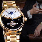 Men's watch automatic golden sun moon phase steel strap tourbillon black white dial business mechanical