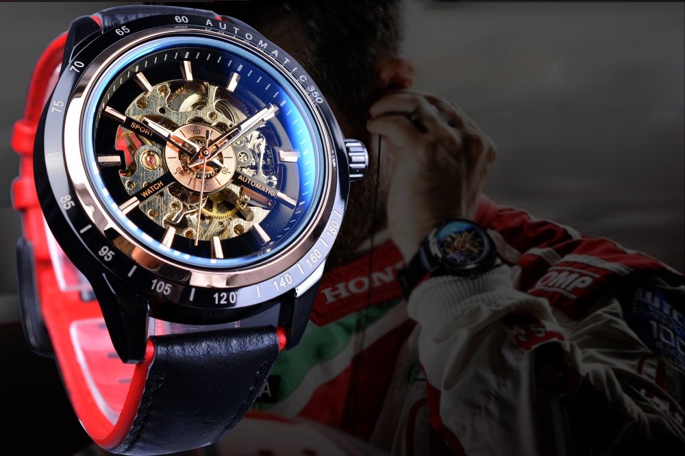 Motorcycle Design Genuine Black Belt Waterproof Skeleton Men Automatic Watch Top Brand Luxurious Mechanical Men's Watch