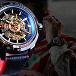 Motorcycle Design Genuine Black Belt Waterproof Skeleton Men Automatic Watch Top Brand Luxurious Mechanical Men's Watch