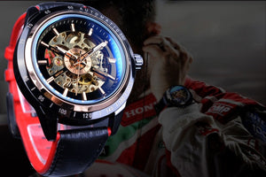 Motorcycle Design Genuine Black Belt Waterproof Skeleton Men Automatic Watch Top Brand Luxurious Mechanical Men's Watch