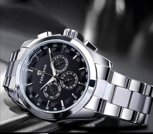 Business style automatic watch with black dial, mechanical wristwatch with luminous calendar hands