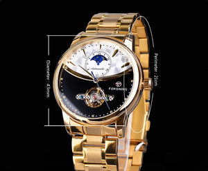 Men's watch automatic golden sun moon phase steel strap tourbillon black white dial business mechanical