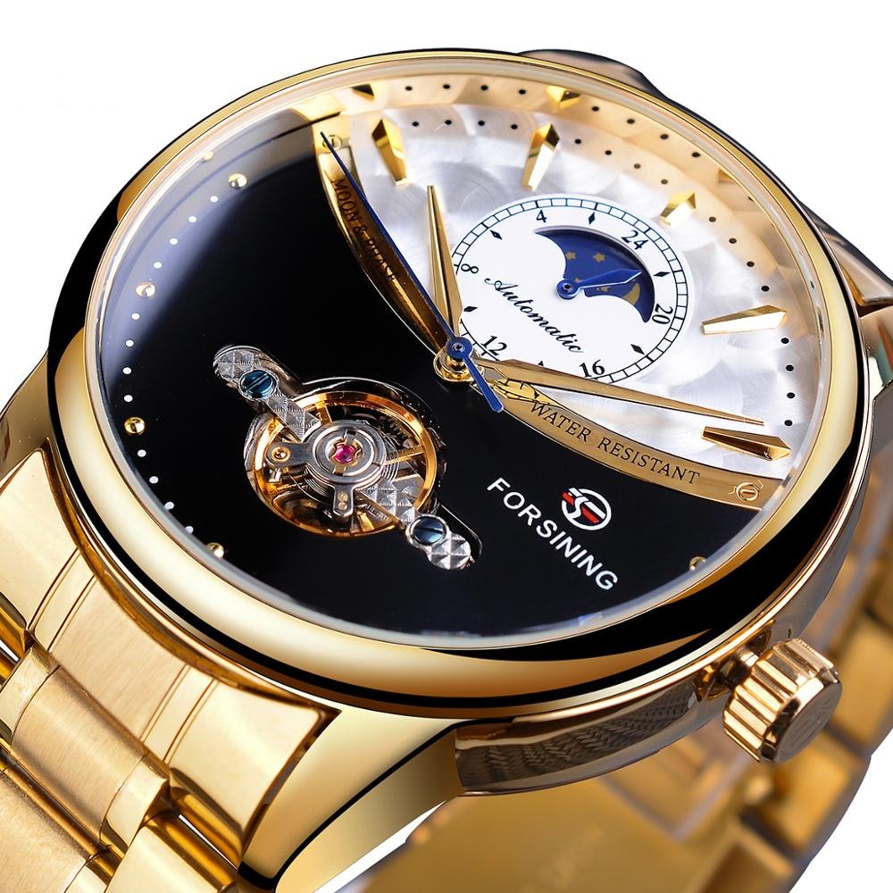 Men's watch automatic golden sun moon phase steel strap tourbillon black white dial business mechanical