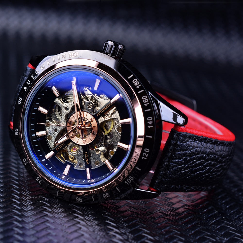 Motorcycle Design Genuine Black Belt Waterproof Skeleton Men Automatic Watch Top Brand Luxurious Mechanical Men's Watch