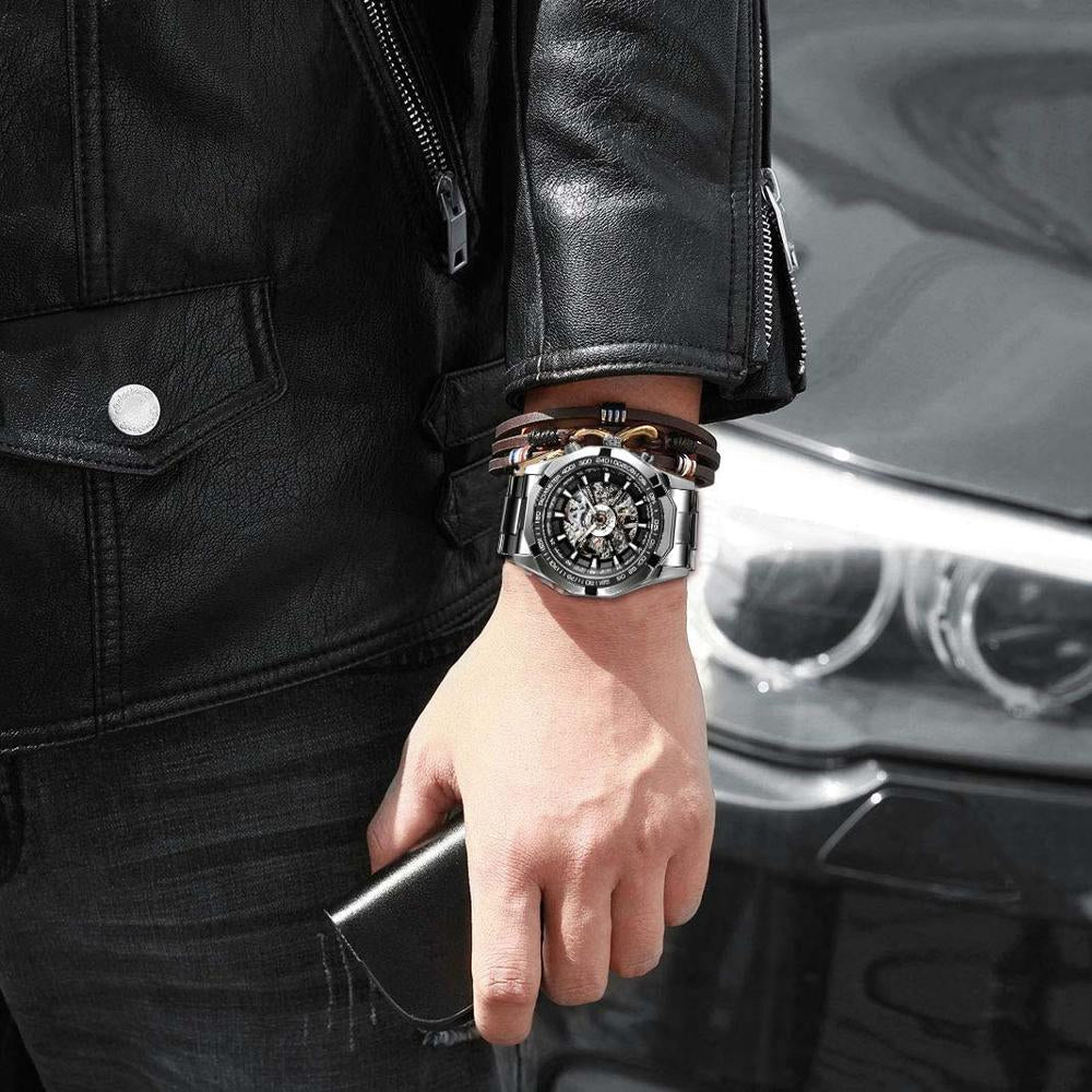 Stainless Steel Waterproof Mens Skeleton Watches Luxury Transparent Mechanical Sport Men Wristwatches