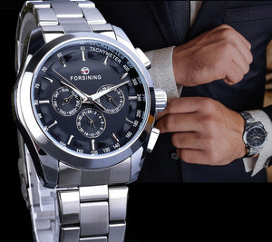 Business style automatic watch with black dial, mechanical wristwatch with luminous calendar hands