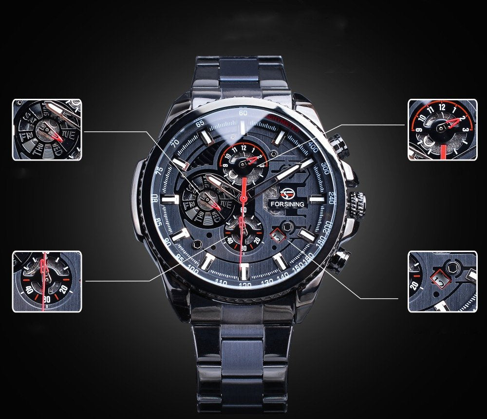 Three Dial Calendar Stainless Steel Men Mechanical Automatic Wristwatches Top Brand Luxury Military Sport Male Clock