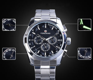 Business style automatic watch with black dial, mechanical wristwatch with luminous calendar hands