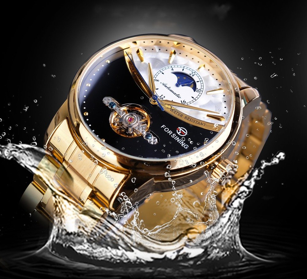 Men's watch automatic golden sun moon phase steel strap tourbillon black white dial business mechanical