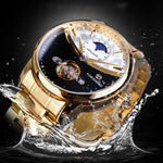 Men's watch automatic golden sun moon phase steel strap tourbillon black white dial business mechanical