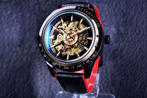 Motorcycle Design Genuine Black Belt Waterproof Skeleton Men Automatic Watch Top Brand Luxurious Mechanical Men's Watch