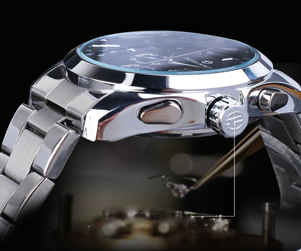 Business style automatic watch with black dial, mechanical wristwatch with luminous calendar hands