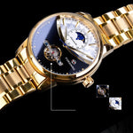 Men's watch automatic golden sun moon phase steel strap tourbillon black white dial business mechanical