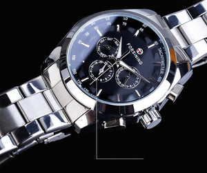 Business style automatic watch with black dial, mechanical wristwatch with luminous calendar hands