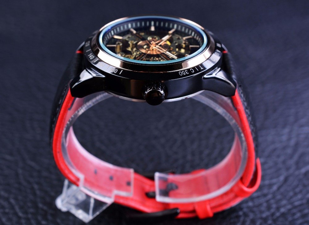 Motorcycle Design Genuine Black Belt Waterproof Skeleton Men Automatic Watch Top Brand Luxurious Mechanical Men's Watch