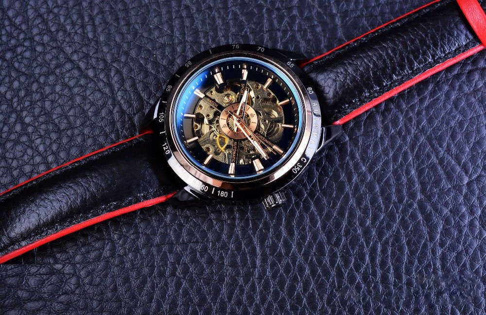 Motorcycle Design Genuine Black Belt Waterproof Skeleton Men Automatic Watch Top Brand Luxurious Mechanical Men's Watch