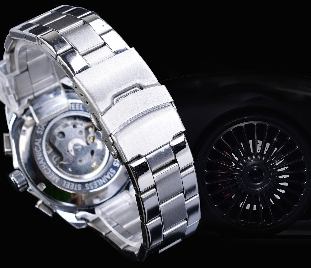 Business style automatic watch with black dial, mechanical wristwatch with luminous calendar hands